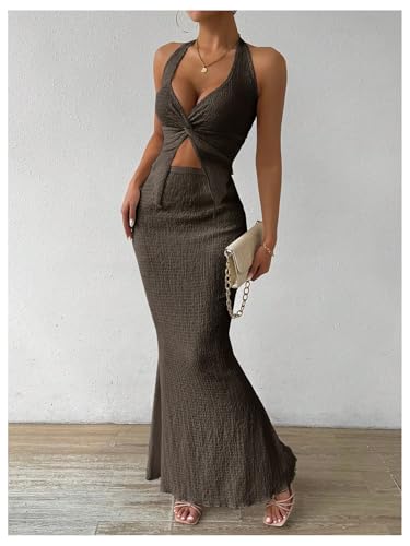 Image of SOLY HUX Women's Two Piece Outfits Twist Front Halter Cami Tops and Skirt Summer Set