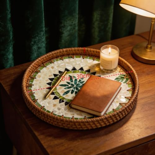 Boho Handwoven Rattan Tray with Mother of Pearl Inlay, 35cm Round Decorative Tray, Wooden Base Serving Tray for Breakfast, Vanity, Coffee Table & Wall Hanging Decor (Size:Big, Pattern:GreenSun) by Yudi-Runyumei - Used condition - Image 2