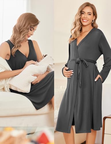 Image of Ekouaer Maternity Nursing Gown and Robe Set Labor Delivery Nursing Nightgowns for Breastfeeding Pregnancy Clothes