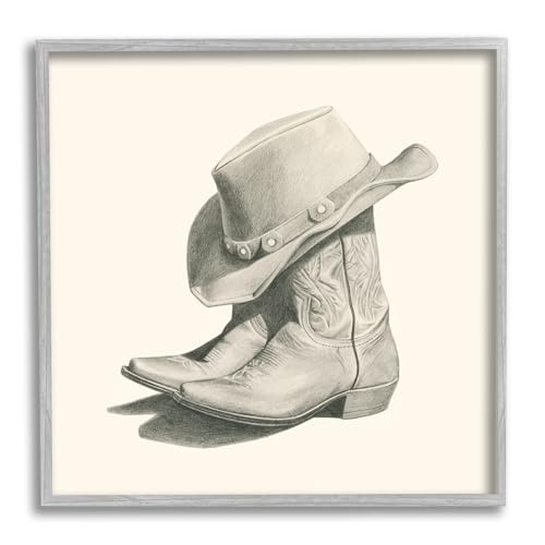 Image of 'Cowboy Boots Drawing'| Framed Giclee Art | Stupell Industries | Gray, 24 x 24 Inches, Easy to Hang and Sturdy, Made in USA, by Grace Popp