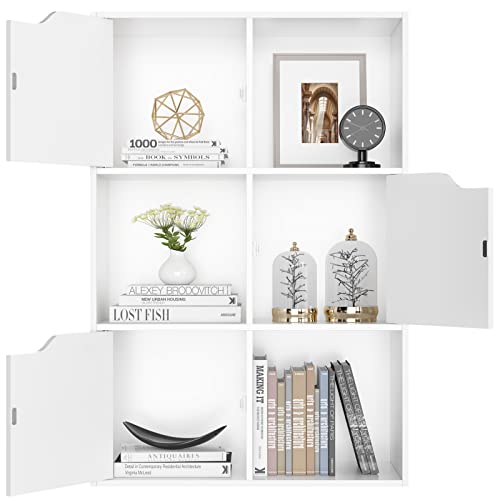 FirFurd Bücherregal, Regal weiß, Bücherschrank mit 3 Türen, Aufbewahrungsregal 6 Fächern, Büroregal für Wohnzimmer, Arbeitszimmer, Kinderzimmer, 60 x 29 x 90 cm