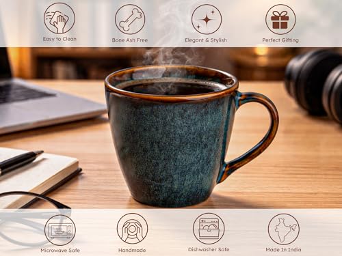 Image of Bodhi House Handcrafted Ceramic Coffee Mug Set of 4 Pieces (350 Ml), Stoneware Tea Cup, Microwave Safe Large Milk Mug, Glossy Finish, Ideal for Daily use, Casual Gatherings and Gifting, Greenish Blue