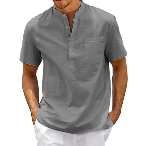 Solid Color Casual Round Neck Button Stitching Vintage Cotton and Linen Beach Men's Tops T-Shirt