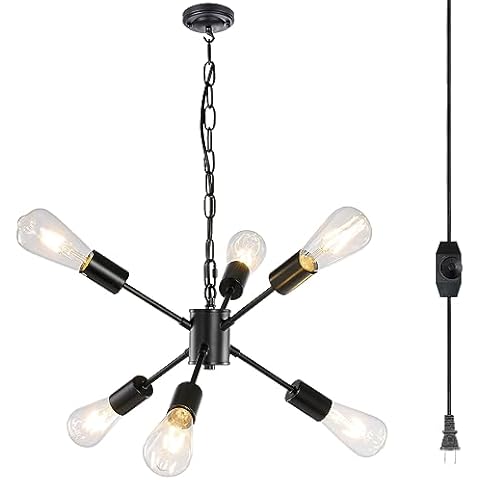 JackLove Dimmable Mini Plug in Chandelier, 6-Light Hanging Lights with Plug in Cord 16.4 Ft On/Off Switch,Modern Black Metal Sputnik Chandelier, Pendant Light for Living Room Bedroom Dining Room Cover