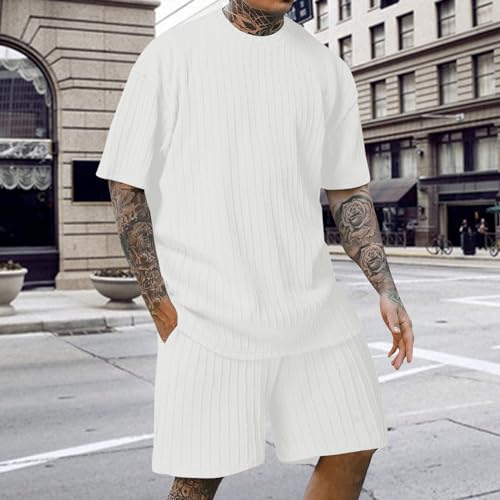 Miyaomn 2024 Stylish Ribbed Tracksuits for Men 2 Piece Summer Outfits Oversized Loose Casual Short Sleeve Top and Shorts Sets2