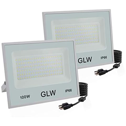 GLW 2 Pack 100W LED Flood Lights Outdoor,10000LM Super Bright Work Light,6000k Daylight White Floodlights with Plug,IP66 Waterproof Exterior Security Lights for Playground,Garage,Yard,Backyard Cover