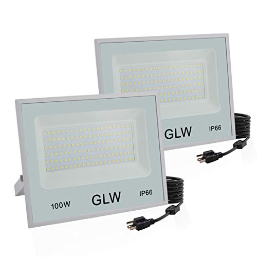 Greatest Product GLW 100W LED Flood Lights,Outdoor Super Bright Security Lights,6000k 10000LM Daylight White with Plug,IP66 Waterproof Outside Work Light for Playground,Garage,Yard and More [2 Pack]