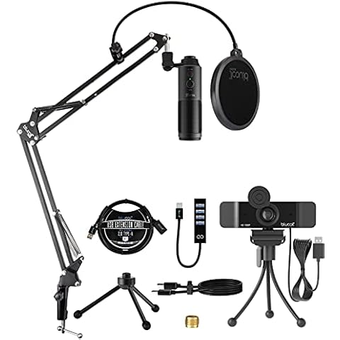 blucoil USB Cardioid Condenser Microphone with 3.5mm Headphone Jack, Volume Control, Mute Button Bundle with 1080p USB Webcam, Boom Arm Plus Pop Filter, USB-A Mini Hub, and 3' USB Extension Cable Cover