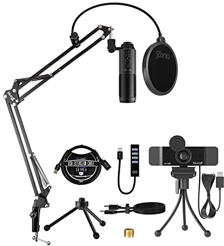 Blucoil Usb Cardioid Condenser Microphone With 3.5Mm Headphone Jack, Volume Control, Mute Button Bundle With 1080P Usb Webcam, Boom Arm Plus Pop Filter, Usb-A Mini Hub, And 3' Usb Extension Cable #TOP24