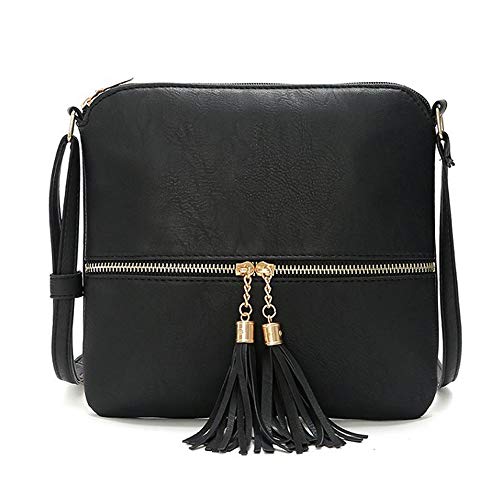 Medium Crossbody Bags for Women, Tassel Crossover Purse for Teen Girls Handbag Gift (Black)