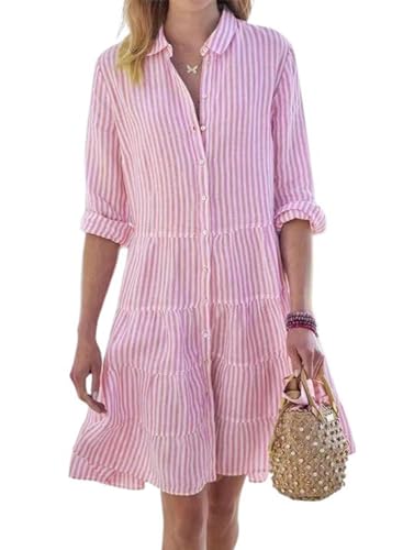 Image of utcoco Womens Striped Button Down Midi Shirt Dress Casual Loose Cuffed Long Sleeve Mid Long Dresses