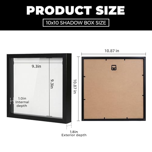 Image of Muzilife 10x10 Shadow Box Picture Frame with Linen Board - Deep Wood & Glass Display Case Ready to Hang Perfect to Display Baby & Sports Memorabilia, Pins, Awards, Medals, Tickets and Photos (Black)