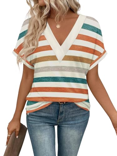 Image of T Shirts Short Sleeve V Neck Tees Womens Tops Beach Vacation Fashion Clothes 2026 Casual Summer Spring Fall Outfits