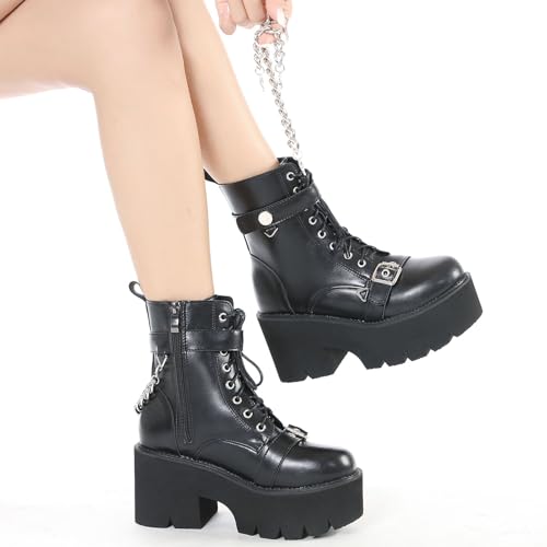 Women's Black Lace up Goth Platform Boots, Chunky Block Ankle Gothic Combat Boots, Cosplay Fashion Punk Boots Shoes4