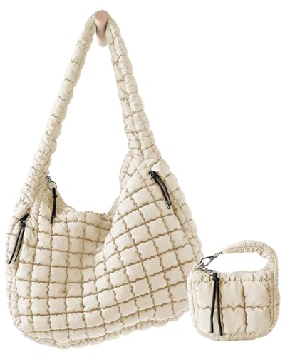 Image of Large Quilted Puffer Tote Bag for Women with Mini Pouch Puffy Crossbody Bags Purse Hobo Puff Shoulder Carryall Gym Travel