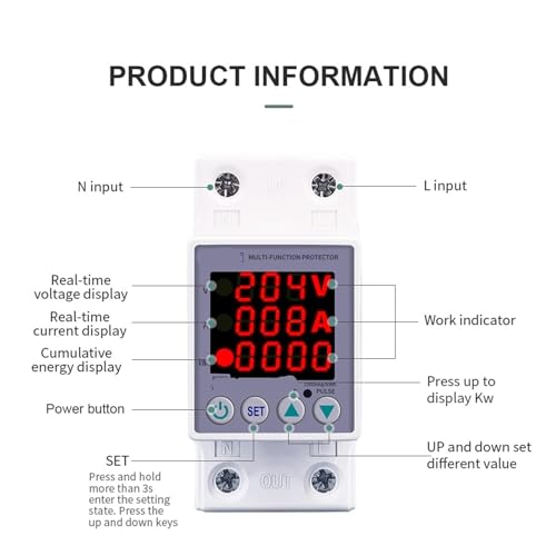 Protector de sobretensión con pantalla dual ajustable L N y lectura de Kwh 220V 5