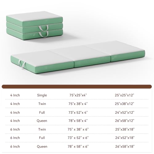 Image of ROXGOX Memory Foam Trifold Mattress, 4 Inch Single Foldable Mattress, Portable Floor Bed with Washable Cover, Handle & Non-Slip Bottom, for RV, Travel, Camping, Yoga, 75 inchx25 inchx4 inch, White Green