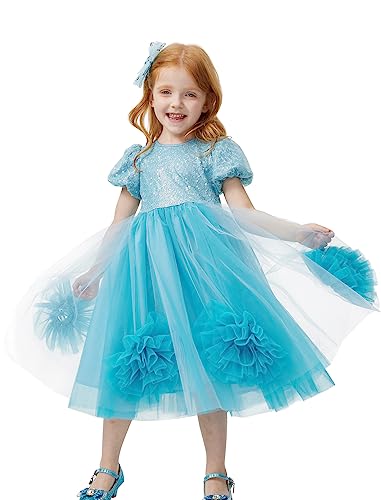 Girls Sequin Dress Puff Mesh Tulle Flower Party Gown Princess Dress Up Outfit