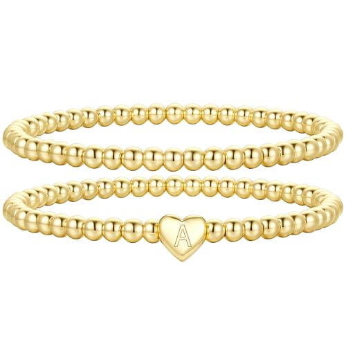 M MOOHAM Gifts for Mom - Mothers Day Gifts, Initial Bracelets for Women, Letter A Bracelets for Women Trendy, Dainty Heart Bracelet 14K Gold Plated Cute Beaded Initial Bracelet Jewelry Gift
