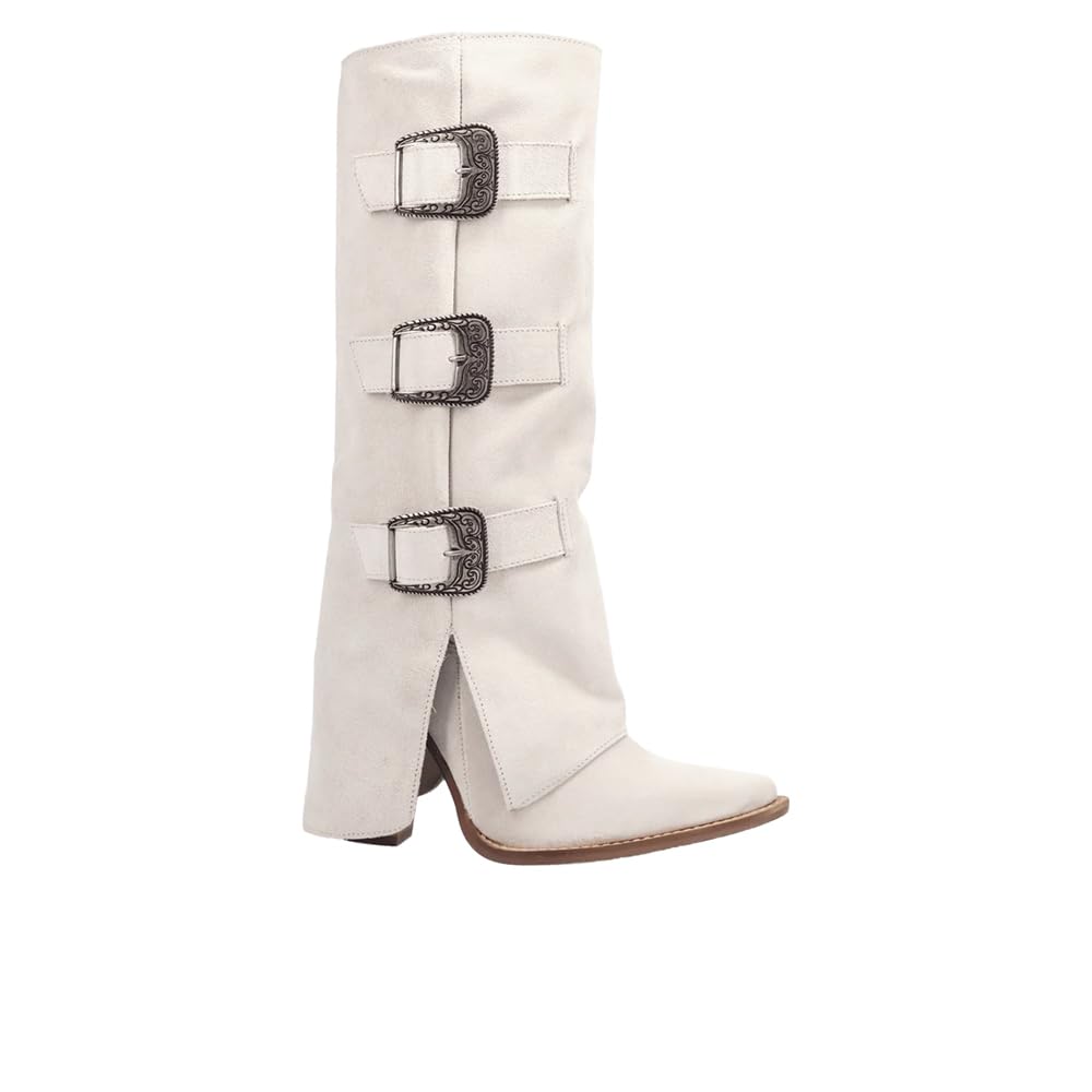 Dingo Womens Buckle Bunny Suede Leather Casual Boots Over the Knee Mid Heel 2-3 - White