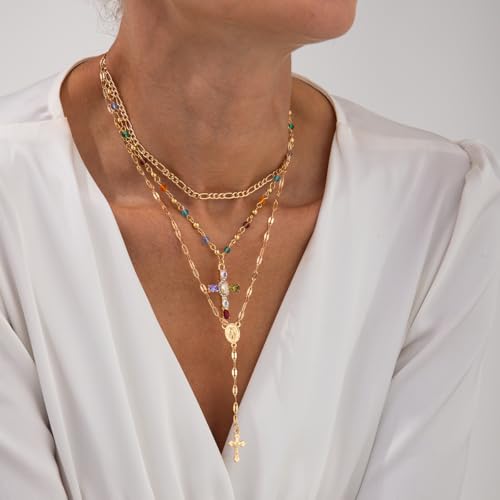 Cross Necklace for Women Gold Long Chain Layered Cross Crystal Pendant Statement Necklace Summer Beach Boho Jewelry2