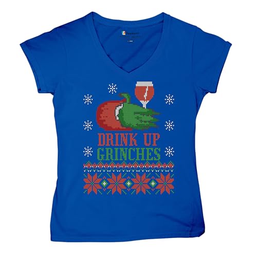 Camiseta feminina com gola V Drink Up Grinches Ugly Sweater Christmas Drinking Tee, Azul, G