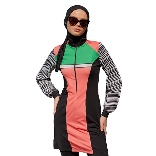 Modest Swimwear for Women 3-Piece Set | Striped Sporty Swimsuit Suit Cover Set | Swimwear Long Sleeve Burkini Set Beachwear