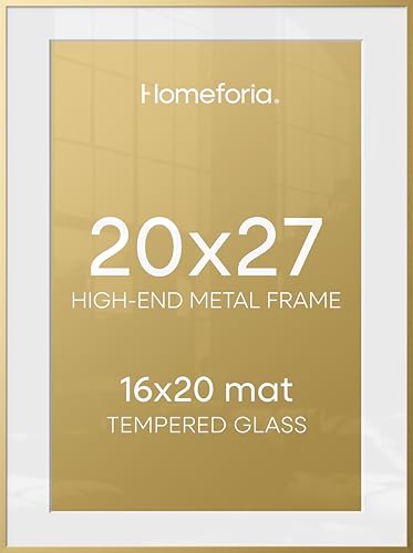 Image of Homeforia 20x27 Picture Frame Gold, High End Metal 20x27 Poster Frames with Mat 16x24 Photo, 20 x 27 Gold Frame Matted to 16 by 24 Print, 27by20 Thin Hanging Frames, Tempered Glass, Wall Kit, Set of 2