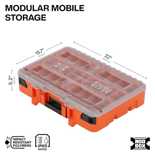 Image of Klein Tools 54400MBX MODbox Tall Compartment Box, Full-Width Tool Organizer, Small Parts Tool Box with 20 Compartments, 9 Removable Bins for Fasteners, Stackable Module