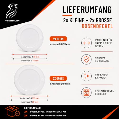 Falkenhorn Dosendeckel für Tierfutter – 2x 200g/400g & 2x 800g Hundefutter & Katzenfutter Dosen – Lebensmittelecht, Spülmaschinenfest, Wiederverwendbar, Made in Germany – Frische & Geruchsbindung