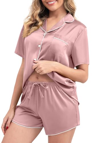 Yoohipuy Women's Pajamas Set Sleepwear with Short Sleeve Top & Elastic Waist Shorts (US, Alpha, Small, Regular, Regular, Dusty Rose, Small)