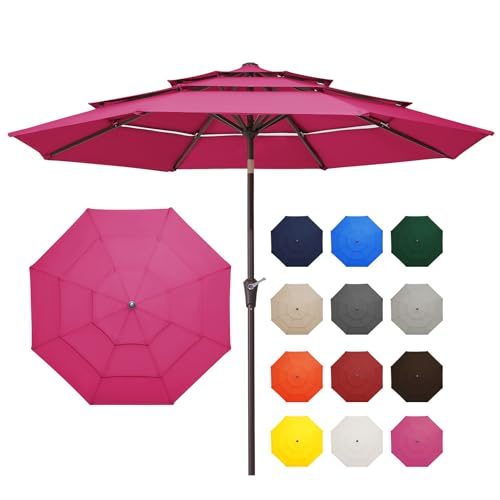 Image of JEAREY 9FT 3 Tier Patio Umbrella Outdoor Market Umbrella Table Umbrellas with 8 Ribs 1.5 Pole Push Button Tilt and Crank UV Protection for Garden,Backyard,Pink