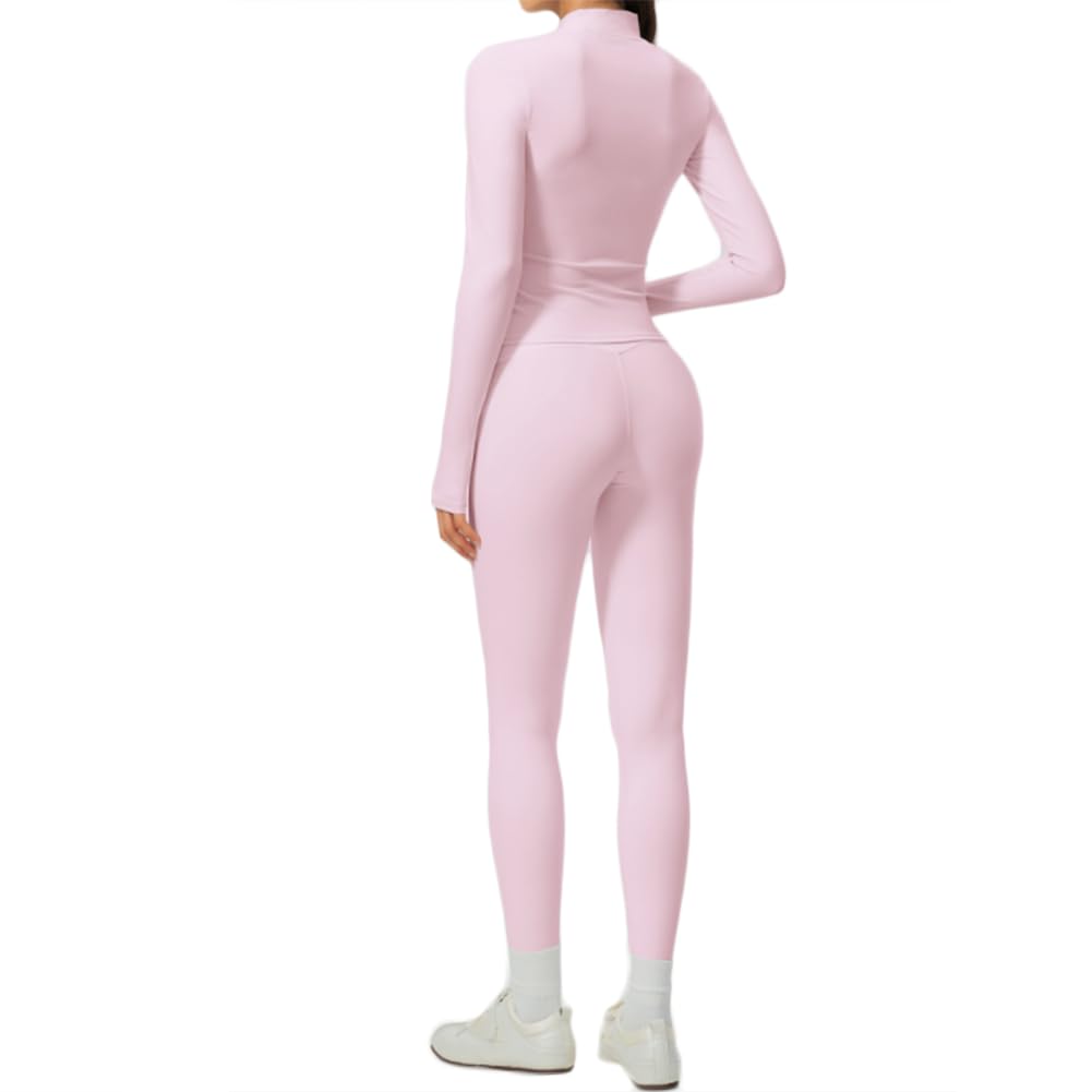 Giacca allenamento con fori per pollici e leggings a vita alta | 1.Giacca con zip e collo alto con fori per pollici contro il vento. I leggings a vita alta modellano addome