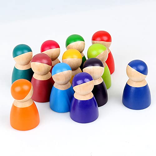 Okasi 12 Wooden Rainbow peg Dolls Friends Wooden Toddler Toys for Boys Girls Wooden Pretend Play People Figures for Preschool Kids Learning Educational Toys Montessori Toys