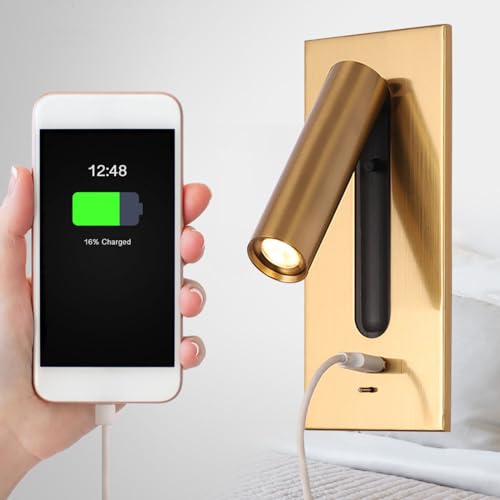 Aplique de pared moderno negro con luz de lectura LED ajustable y USB 3