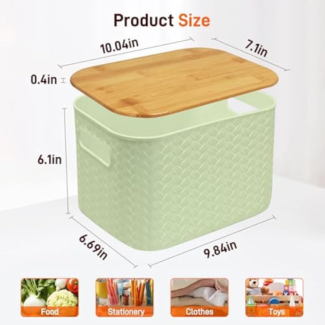 Soddeph 4 Packs Plastic Storage Bins with Bamboo Lids,Stackable Storage Containers with Lids, Storage Baskets for Organizing Desktop, Classroom, Office (Green)