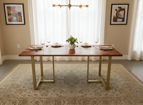 Image of REDWOOD Wooden 6 Seater Dining Table Only | 69x24 Inch Rectangular Dinner Table Without Chairs for Home, Office, Hotel & Restaurant | Natural Finish, Industrial Metal T-Shape Golden Legs