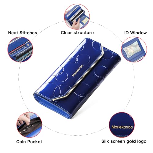Fashionable women's leather wallet, large capacity multifunctional, snap closure, three fold long style, RFID shielding protection credit card carrying bag (Blue)4