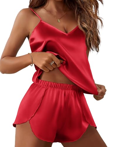 Image of Ekouaer Satin Pajama Sets for Women 2 Piece Silky Cami Pj Set Soft Nightwear Lingerie Sleepwear Set