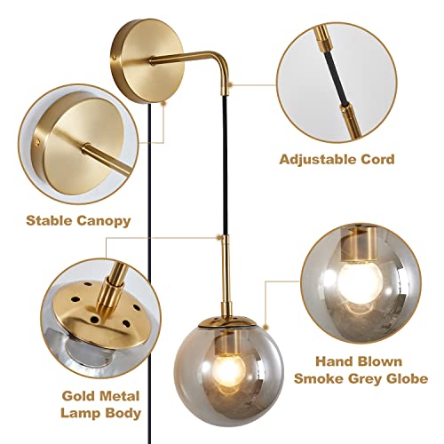 Image of KCO Modern Globe Wall Sconce with Plug in Industrial Vintage Wall Lamp On /Off Switch Adjustable Minimalist 1-Light Mounted Reading Lamps for Bedroom Living Room Corridor(Smoke Gray & 2-Pack)