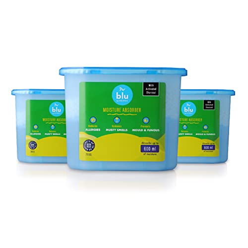 BLU by Absorbia | Moisture Absorber with Activated Charcoal|Pack of 3 (280 g X 3 Box)|Absorbs 600ml Each Box|Dehumidifier for Wardrobes & Closets | Fights Against Moisture, Mould, Fungus…
