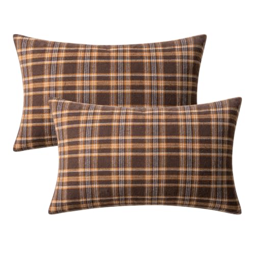 Image of MIULEE Fall Plaid Pillow Covers Scottish Tartan 12x20 Dark Brown | Set of 2 Fall Decorations Lumbar Cushion Covers, Farmhouse Winter Home Decor, for Thanksgiving Sofa Couch Bed Living Room