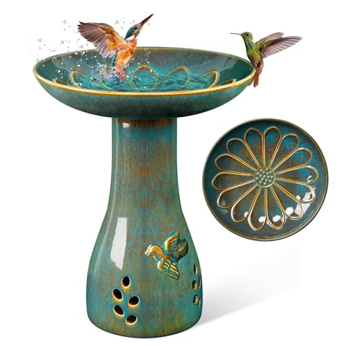LITUDISO Ceramic Bird Bath for Outdoors, 21.5 inch Heavy Duty Bird Bath，Weather-Resistant Birdbath for Outdoor Garden Use, Attracts Birds, Elegant Yard Décor - Blue