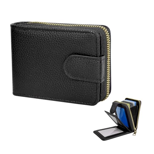 Men's Wallets with 4 Transparent Windows, 9 Card Slots, and 2 Cash Compartments, Card Holder Wallet with Zipper and Buckle for ID Card, Driver's License, and Photo (Black)
