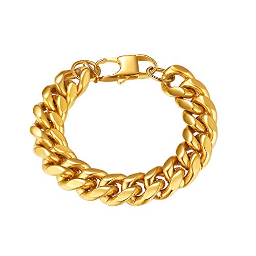 Richsteel 14mm Hombre Pulseras Oro Acero de eslabones Cubanos 21cm Pulsera de Cadenas Cover