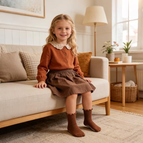 Image of Toddler Non Slip Cotton Crew Socks with Anti-slip Dots for Infant Baby Boys Girls 9 Pairs Mix Brown Ruffle