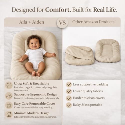 Image of Aila + Aiden Baby Lounger | Organic Cotton Infant Lounger | Adjustable & Portable Floor Lounger |Supervised Use | Soft, Breathable, Washable Cover - Snuggle Collection - (Tan)