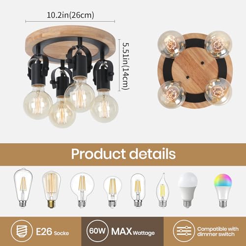 Image of 4-Light Round Flush Mount Ceiling Light,Adjustable Farmhouse Kitchen Track Light with Wood Base, Multi-Directional Dining Room Light for Island Hallway Entryway Bedroom.