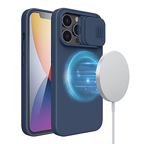 Nillkin Compatible with iPhone 13 Pro Case, CamShield Silky Magnetic Silicone Case with Slide Lens Cover [Support Magsafe Charger] Built-in Magnet Circle, Blue