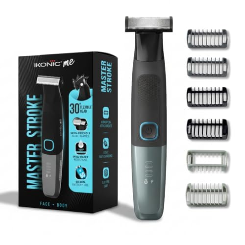 Image of Ikonic Me 6-in-1 Master Stroke Personal Groomer for Men | Beard & Body Trimmer | Dual Blade Technology | 30 Flexible Head | 60 Min Cordless Runtime